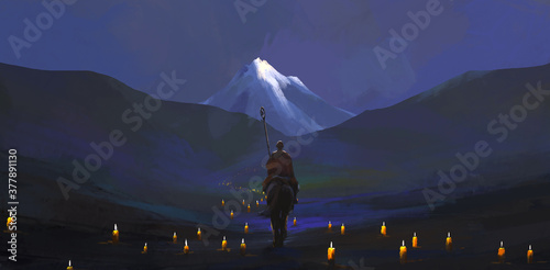 The candlelight pilgrimage road, digital painting.