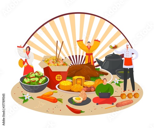 Chinese food dishes with bowls of meat, noodles, chopsticks, asiam cuisine vector illustration. Sweet and sour chicken, beef and broccoli, chicken. Chinamans oriental dinner, china restaurant banner. photo