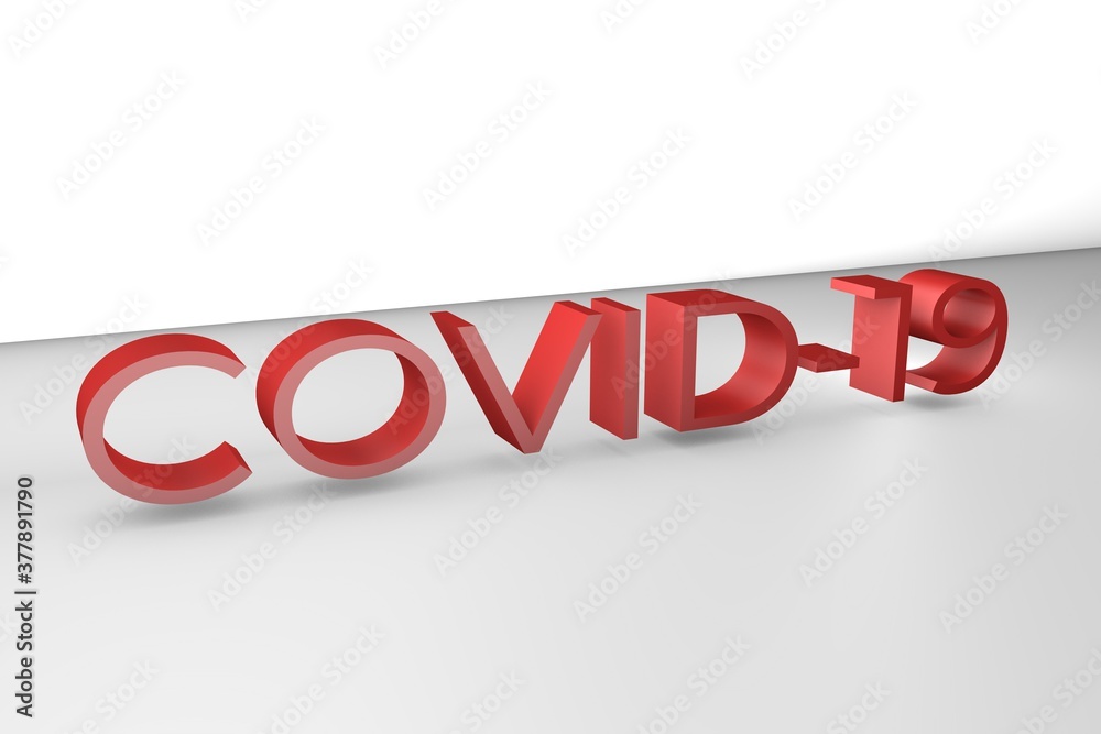 Covid-19 Corona virus red 3D Text floating on white background Cinema4D rendering