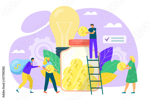 Crowdfunding concept in flat style, new business model money investment, vector illustration. Funding project by raising monetary contributions from crowd of people. Donation, financial funding.