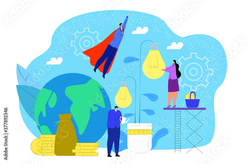Cultivation of ideas concept, vector illustration. People, managers or investors cultivating light bulb growing in giant pot. Invest in best ideas, innovative investment and financial profit.