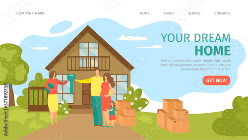 Dream home website landing vector illustration. Real estate landing page. Buying, rent house. Find dream home, investment property web page template. House with fence, garden for ramily.