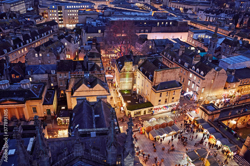 Aerial view of historic Christmas Market in Bath Spa from Bath Abbey