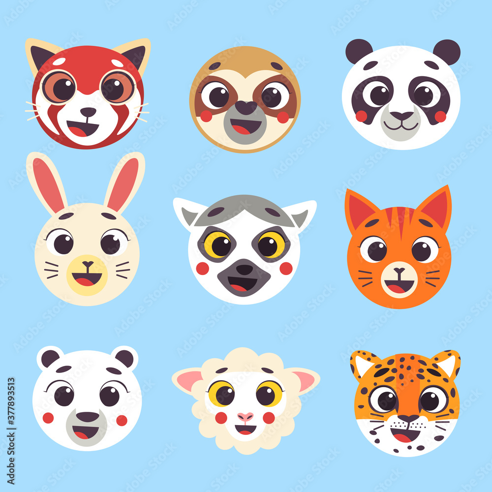 Cute cartoon animals faces set part 2. Isolated vector illustration. Red panda, sloth, panda, hare, lemur, cat, polar bear, sheep, jaguar heads nursery decor. Cute cartoon animals faces set part 2. Isolated vector illustration. Red panda, sloth, panda, hare, lemur, cat, polar bear, sheep, jaguar heads nursery decor.