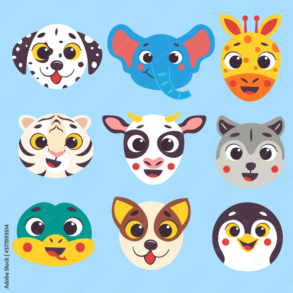 Cute cartoon animals faces set part 3. Isolated vector illustration. Dalmatian dog, elephant, giraffe, white tiger, cow, wolf, snake, dog, penguin heads nursery decor. Cute cartoon animals faces set part 3. Isolated vector illustration. Dalmatian dog, elephant, giraffe, white tiger, cow, wolf, snake, dog, penguin heads nursery decor.