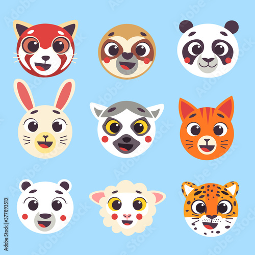 Cute cartoon animals faces set part 2. Isolated vector illustration. Red panda, sloth, panda, hare, lemur, cat, polar bear, sheep, jaguar heads nursery decor.