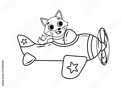 Coloring page outline of cartoon biplane with fox animal. Vector image on white background. Coloring book of transport for kids.