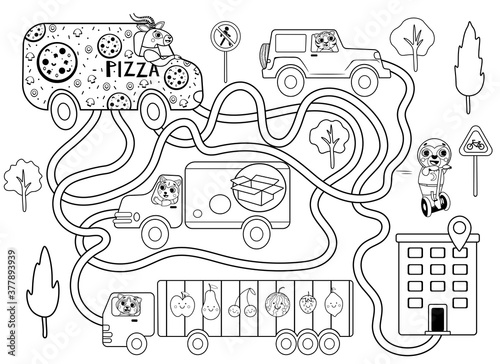Help the pizza delivery car find the right path to the client. Color maze or labyrinth game for preschool children. Puzzle. Tangled road. Transport for kids