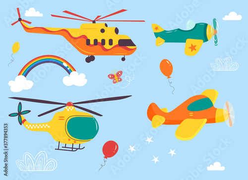 Funny kids air transport set. Helicopters  biplane  parachutist cartoon vector illustration isolated on blue background