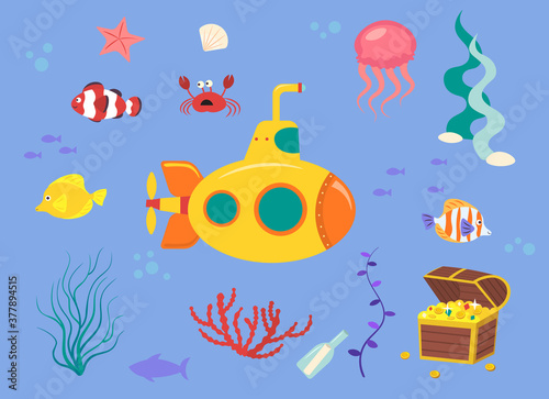 Funny kids underwater set. Submarine cartoon vector illustration isolated on blue background