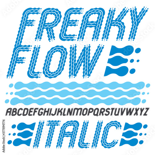 Set of trendy pop vector capital English alphabet letters isolated. Rounded bold italic font, typescript for use as retro poster design elements. Made with flowing lines.