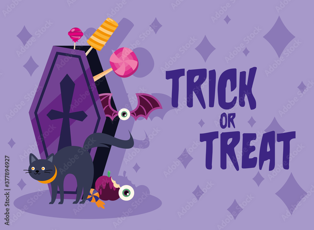 Trick or treat candies inside coffin and cat vector design