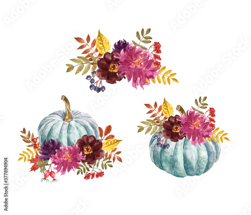 Fall pumpkin arrangements set. Watercolor beautiful floral autumn bouquets, i...