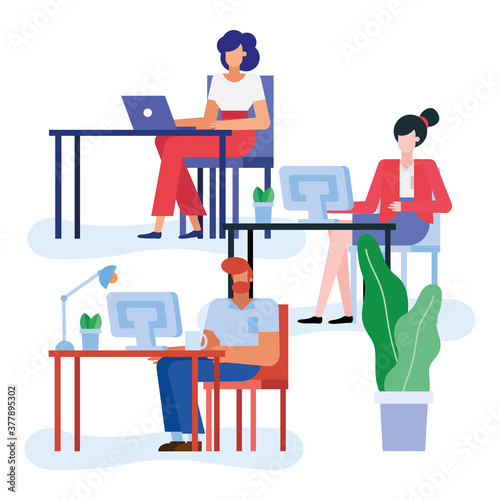 women and man at desks in the office vector design