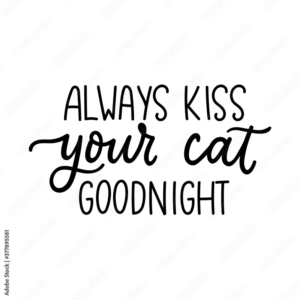 Always kiss your cat goodnight lettering quote isolated on white background. Pet love quote for print, textile. sticker, mug, card etc. Vector lettering illustration