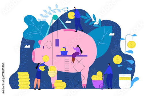 Vector flat illustrations, big piggy bank on white background, financial services, bankers do the work, hoard or save money. Moneymaker or hoarder tiny people with cash savings, economy in finance.