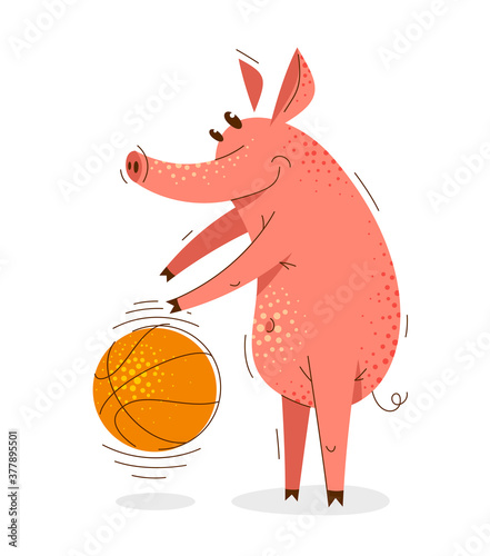 Funny cartoon pig plays bas...