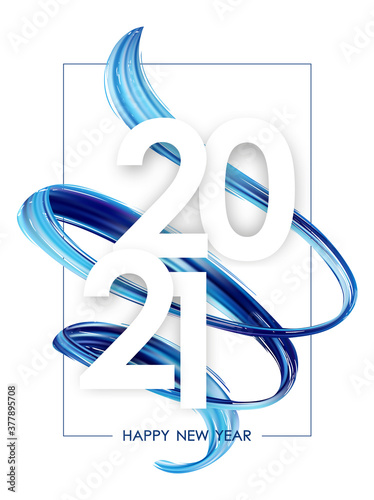 Happy New Year. Number of 2021 with blue abstract twisted textured paint stroke shape. Trendy design