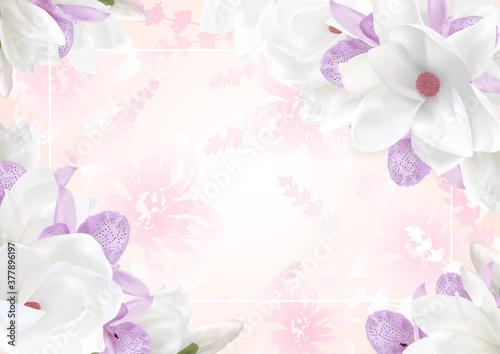 Romantic flower flame design template. Elegant white background with tropical orchid, magnolia bouquet. Beautiful floral card for greeting card, wedding invitation, anniversary invitation, love letter
