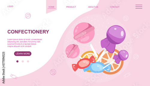 Web page design template for sweets and confectionery with copyspace for text, colored vector illustration