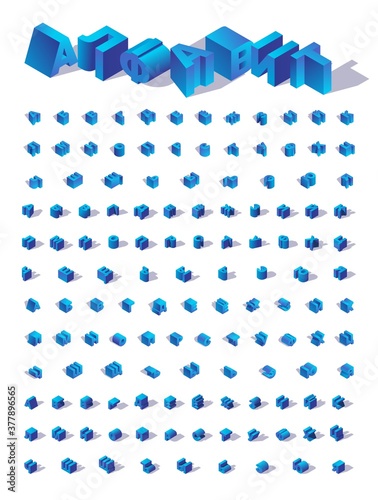 Blue isometric isolated Russian Cyrillic alphabet. Large collection letters in various foreshortening with shadows. Set for writing logo and quotes, capital characters