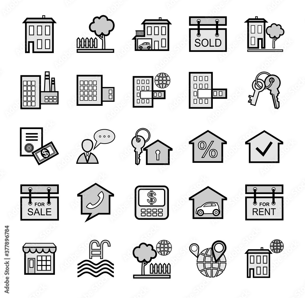 Real estate transactions, icons, set, outline, gray. Gray images with a black outline. Real estate transactions, icons, set, outline, gray. Gray images with a black outline.