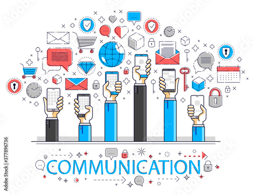 Internet communication and activity, people hands holding phones and using apps, global network, modern communication, messenger or social media concept, vector design.