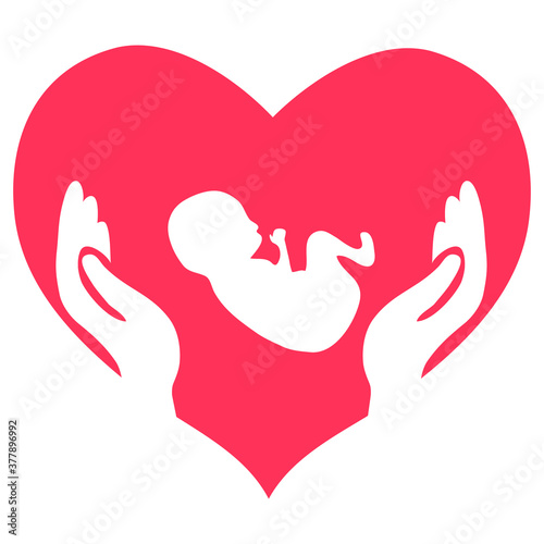 Save the life of a child. Hands on the background of the heart protect the newborn baby. Vector illustration.