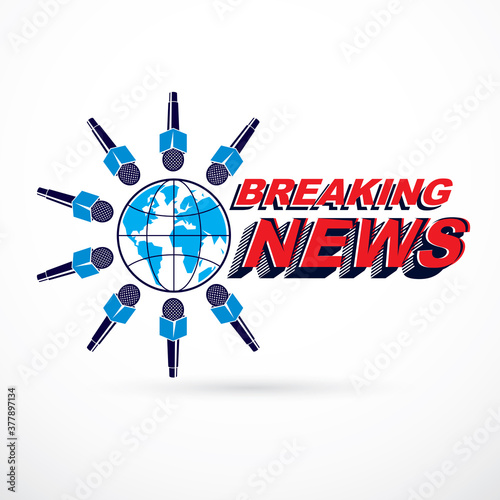 Social telecommunication theme vector logo created with blue Earth planet illustration surrounded with microphones and with breaking news inscription. Press conference concept.