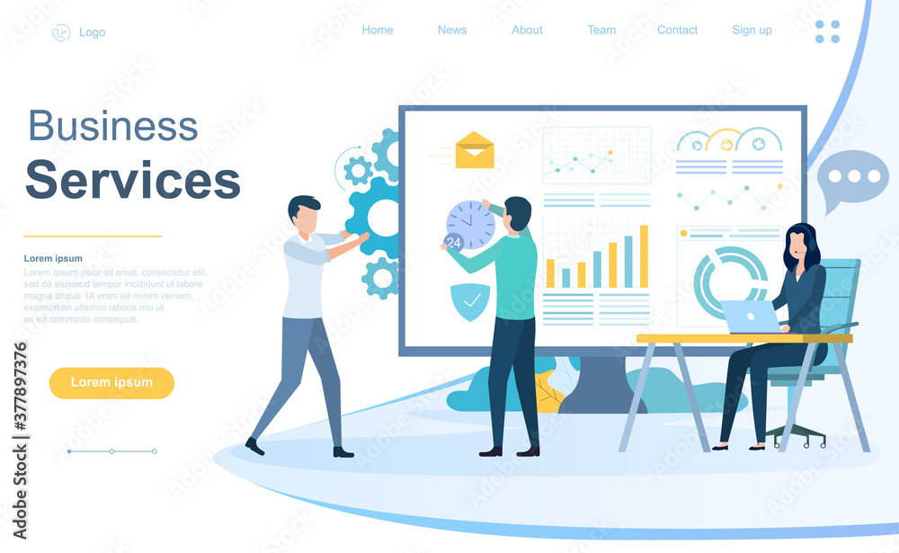 Business Services and Consultancy concept with a group of advisers working on analytical graphs and gears in a web page template, colored vector illustration Business Services and Consultancy concept with a group of advisers working on analytical graphs and gears in a web page template, colored vector illustration