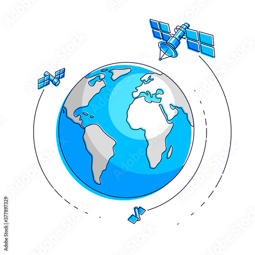 Global communication technology satellites flying orbital spaceflight around earth, spacecraft space stations with solar panels and satellite antenna plate. Thin line 3d vector illustration.