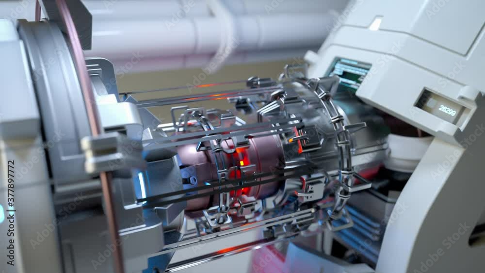 Metallic high tech engine mechanism rotating. Generic advanced technology and engineering motion graphic