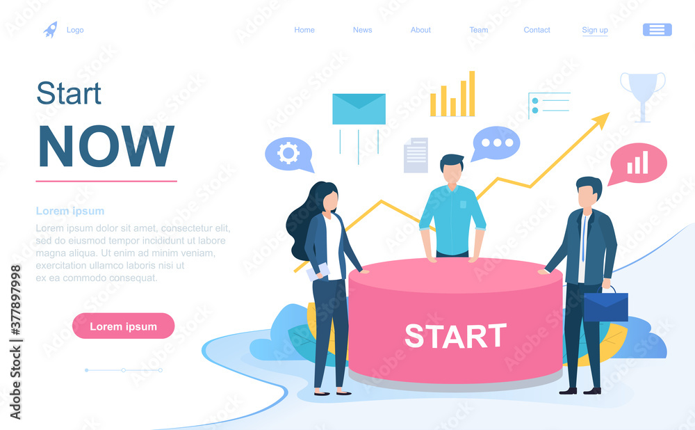 Start Now - do not procrastinate concept with motivated business team having a discussion and copyspace, colored vector illustration web page template