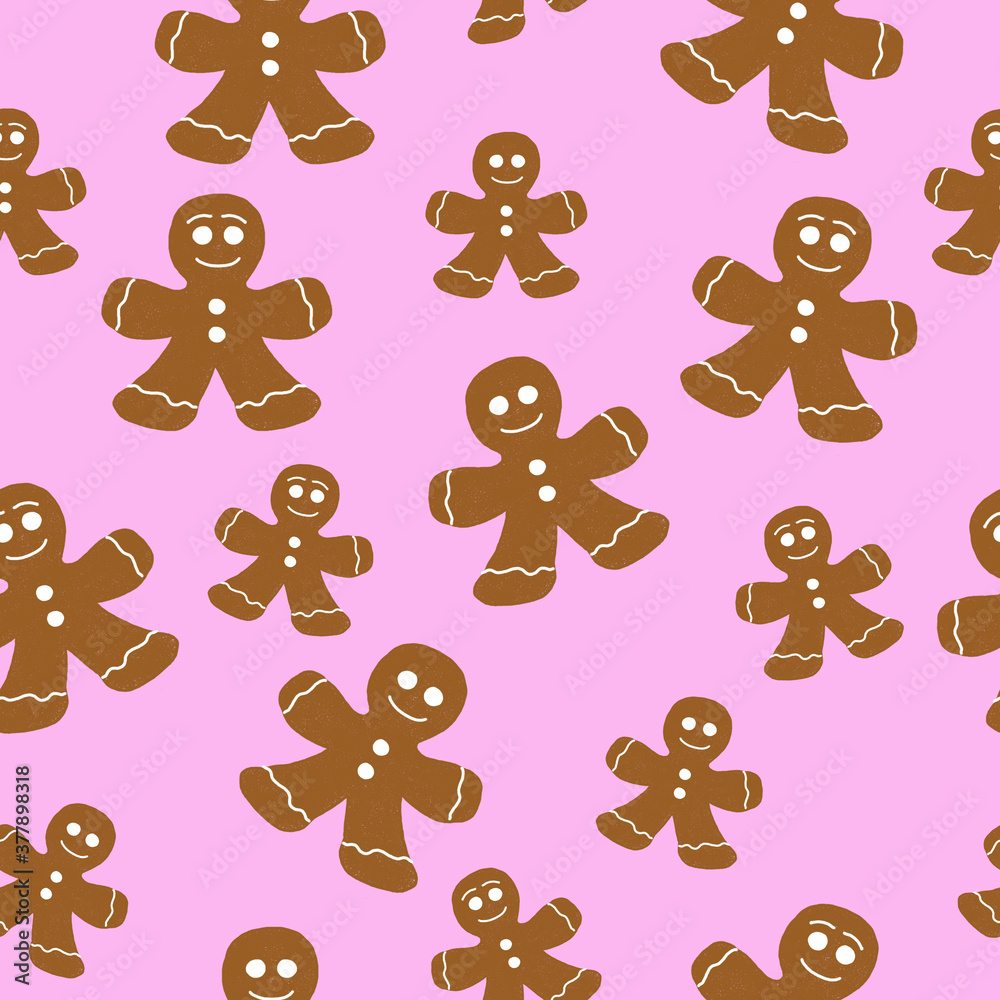 Christmas seamless pattern with family of gingerbread men on a pink background Christmas seamless pattern with family of gingerbread men on a pink background