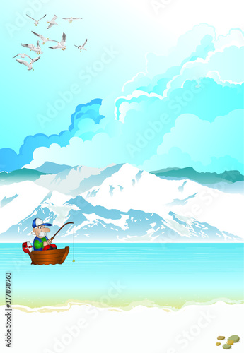Picturesque arctic landscape with ocean and mountains with fisherman in boat set against a blue cloudy sky