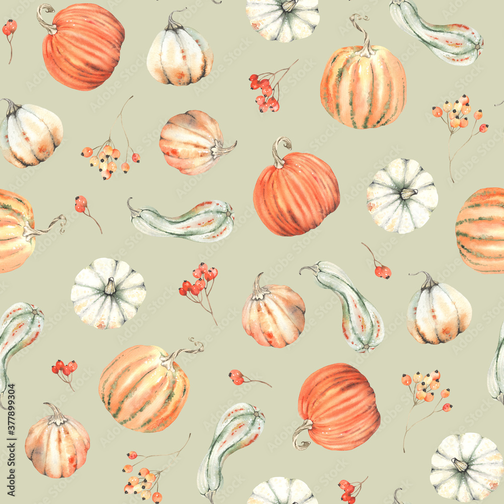Autumn pumpkins and berries rowan, seamless watercolor pattern on green background in vintage style. Thanksgiving day, harvest with colorful vegetables.