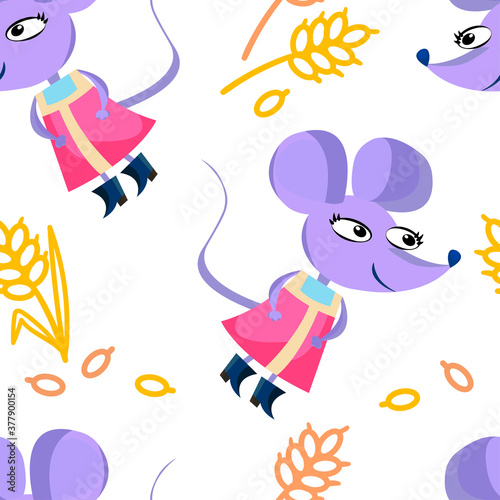 Pattern mouse in a children's dress with spikes and grains. Seamless pattern on a white background