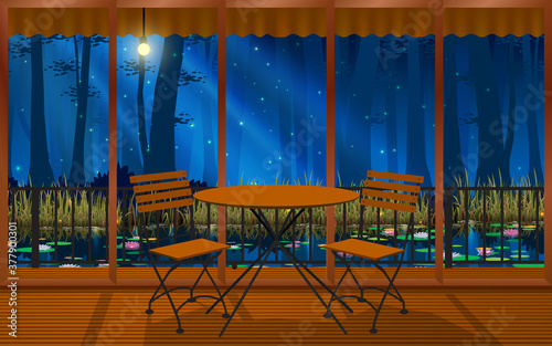 wood table and chair in resort on the swamp in forest in the night