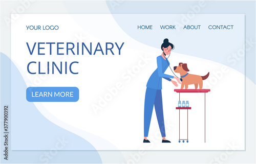 Website design for a veterinary clinic. Illustration with a veterinarian who takes care of the dog. Vector in flat style, landing pages.