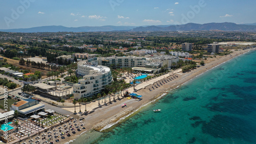 Aerial drone photo of famous landmark building of Club Hotel and Casino of Loutraki town, Corinthian bay, Greece