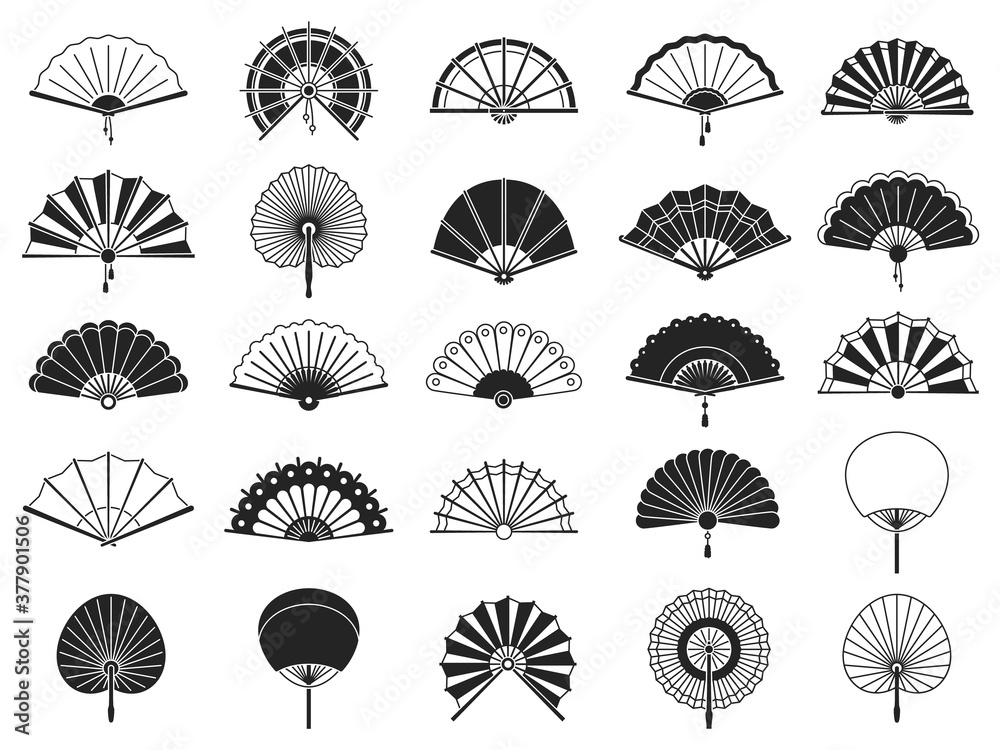 Handheld fan. Black silhouettes of chinese, japanese paper folding hand fans, traditional asian decoration and souvenir vector isolated set. Chinese fan black silhouette illustration, asian souvenir - obrazy, fototapety, plakaty 