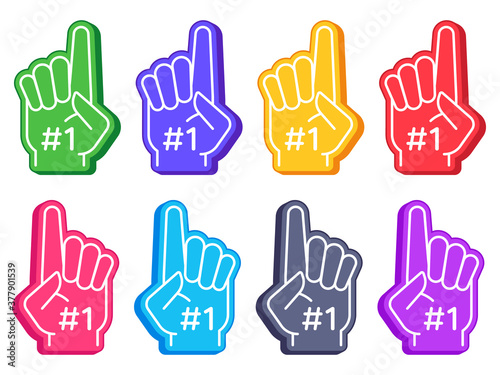 Fan foam fingers. Color sports glove with number one, stadium supporter pride accessory, american football cute souvenir vector set. Illustration foam finger for fan sport, supporter accessory