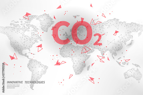 Carbon dioxide on map CO2 ecology problem eco concept. Renewable organic 3D render. Science biofuel chemistry biotechnology polygonal climatic greenhouse effect technology vector illustration