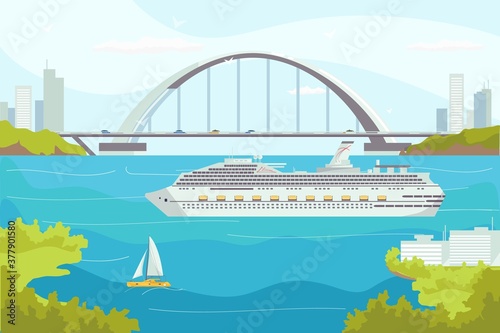 Fototapeta Sea transport, luxury cruise ship liner in ocean waters vector illustration