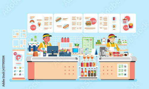 male and female cashier at fast food restaurant with hamburger, doughnout, hotdog, and many beverages vector illustration