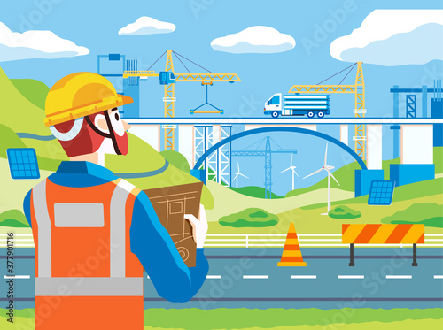 man monitoring bridge construction site, wearing safety equipment like helmet and jacket. there is truck and many heavy equipment the construction site