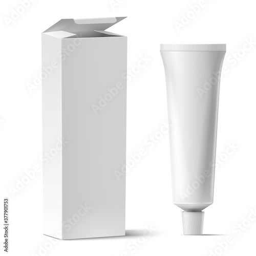 Realistic tube with box mockup. White plastic tuba for toothpaste or cream, gel and rectangular cardboard packaging vector template. Illustration box tube white, blank product medical