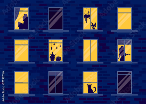 Night windows set with silhouettes vector illustration cartoon flat design modern style 