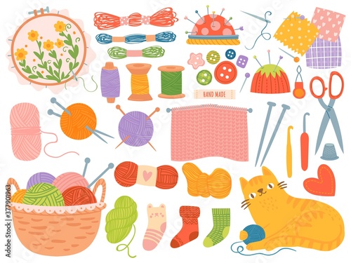 Knitting threads. Handicraft accessories, thread, needles, yarn balls. Scissors, crochet handmade needlework hobby, cartoon vector set. Handicraft and needlework, craft handmade illustration