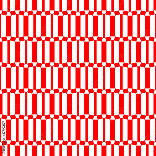 Repeated red geometric figures on white background. Seamless surface pattern design with symmetrical trapeziums ornament. Polygons wallpaper. Quadrangles motif. Digital paper for web design. Vector